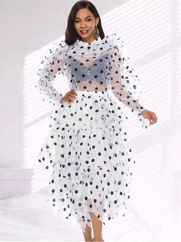 

2 Pieces Sets Women Blouse Skirts Polka Dot Suits Ruffles Thin Transparent Shirts Elegant Tutu Jupes Lady Fashion Summer Spring