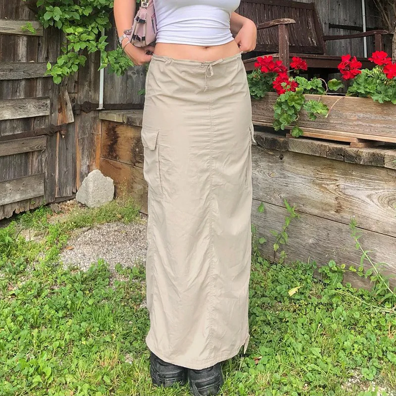 Khaki Straight Long Skirts Summer Women Fashion Drawstring Low Waist Back Split Skirt 90s Vintage Loose Big Pocket Cargo Skirt
Khaki Straight Long Skirts Summer Women Fashion Drawstring Low Waist Back Split Skirt 90s Vintage Loose Big Pocket Cargo Skirt