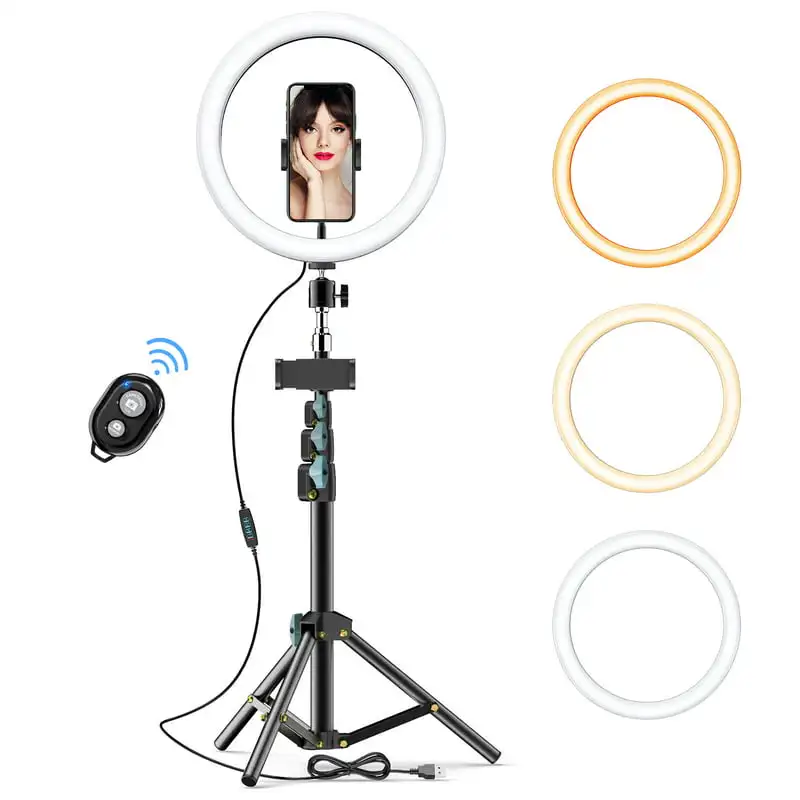10" LED Ring Light with Tr Stand & Phone Holder, Dimmable Desk Makeup Ring Light, for Live Streaming & YouTube Video 
10" LED Ring Light with Tr Stand & Phone Holder, Dimmable Desk Makeup Ring Light, for Live Streaming & YouTube Video