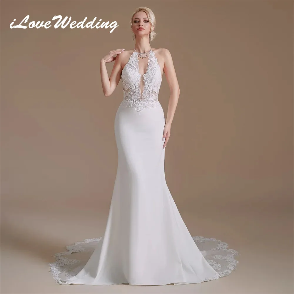 ILoveWedding 100% Real Photo Satin Mermaid Wedding Dresses Halter with Beaded Sleeveless Appliqued Lace Bridal Gowns Sweep Train
ILoveWedding 100% Real Photo Satin Mermaid Wedding Dresses Halter with Beaded Sleeveless Appliqued Lace Bridal Gowns Sweep Train