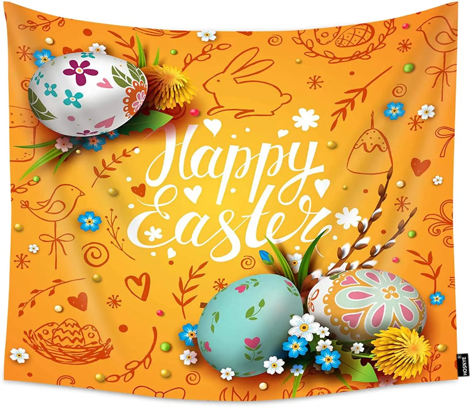 

Happy Easter Tapestry Wall Hanging Coloful Eggs and Flowers Willow Branch and Dandelions Tapestries Decoration 80 x 60 inch