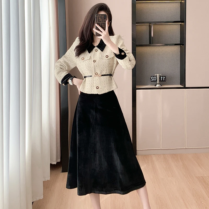 Women Little Fragrance Two Piece Set Outfits Stylish Turndown Collar Tweed Jacket Coat +High Waist Black Velvet Skirt 2pcs Suits
Women Little Fragrance Two Piece Set Outfits Stylish Turndown Collar Tweed Jacket Coat +High Waist Black Velvet Skirt 2pcs Suits