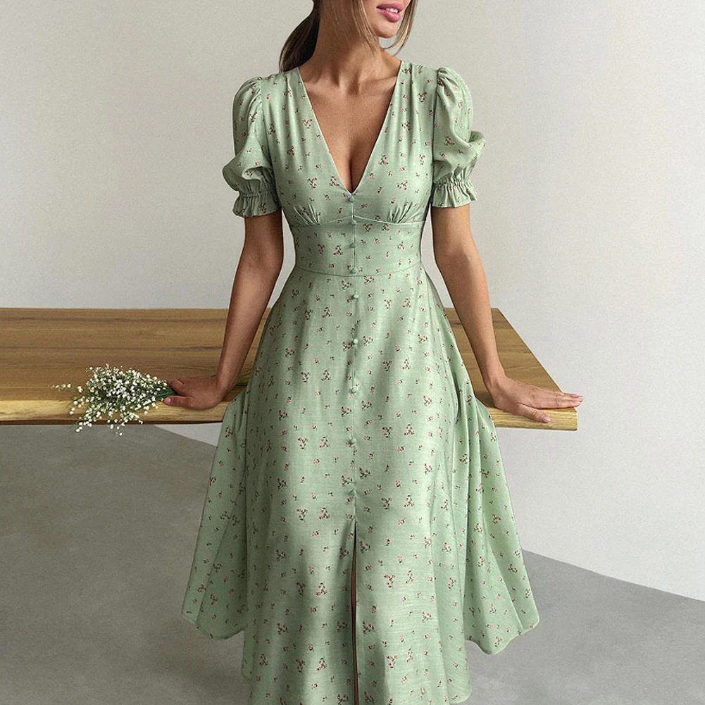 Women Elegant Breasted Skirt V-Neck Lantern Sleeve Printed Elastic Smocked Waist Ruffle Detail Shirred Stretchy Bodice Dress
Women Elegant Breasted Skirt V-Neck Lantern Sleeve Printed Elastic Smocked Waist Ruffle Detail Shirred Stretchy Bodice Dress