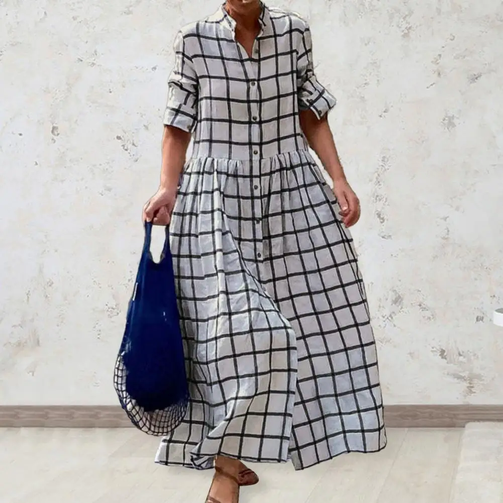 Lady Color Matching Dress Stylish Women's Plaid Print Maxi Dress A-line Patchwork Design Loose Hem Single-breasted Pleated Lapel
Lady Color Matching Dress Stylish Women's Plaid Print Maxi Dress A-line Patchwork Design Loose Hem Single-breasted Pleated Lapel