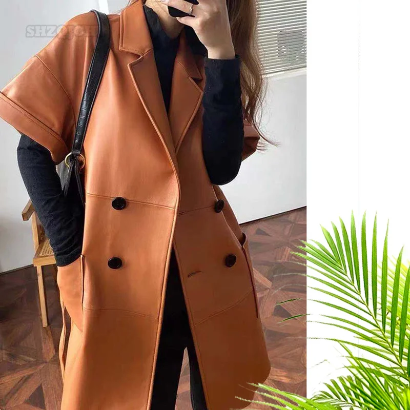 Women's Short Sleeved Leather Clothes Fashion Style Suit Collar Temperament Sheepskin Double Breasted Leather Windbreaker Style
Women's Short Sleeved Leather Clothes Fashion Style Suit Collar Temperament Sheepskin Double Breasted Leather Windbreaker Style