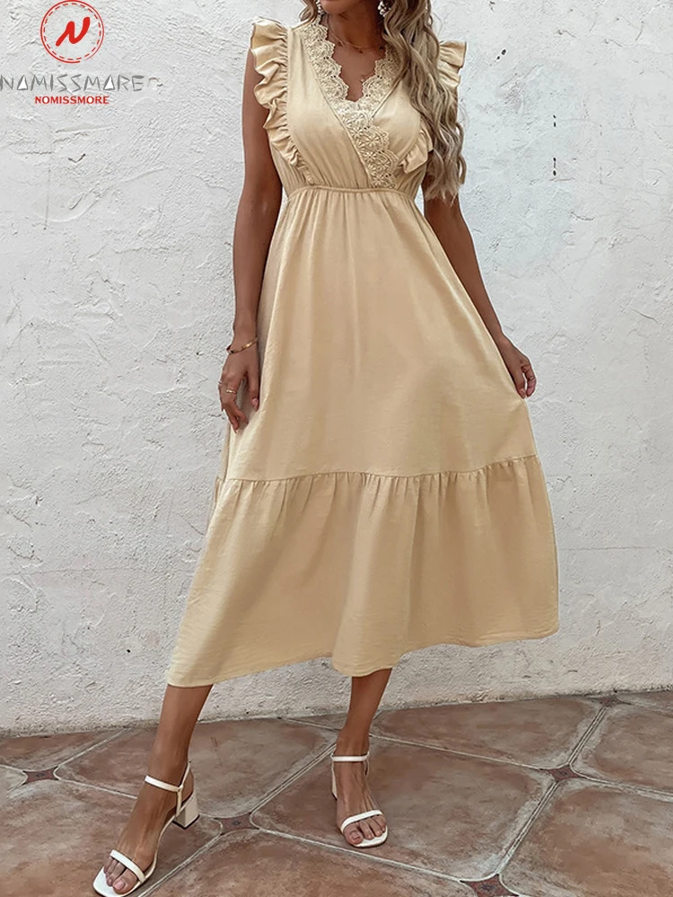 Fashion Women Summer Solid Color A-Line Dress Patchwork Design Lace Ruffles Decor V-Neck Sleeveless Elastic Waist Slim Dress
Fashion Women Summer Solid Color A-Line Dress Patchwork Design Lace Ruffles Decor V-Neck Sleeveless Elastic Waist Slim Dress