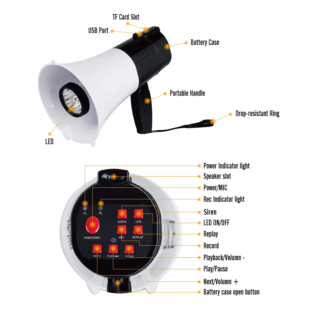 

30W Portable Megaphone Speaker Recordable Loudspeaker Tweeter for Teaching Speech Tourist Guide Tool with LED Light