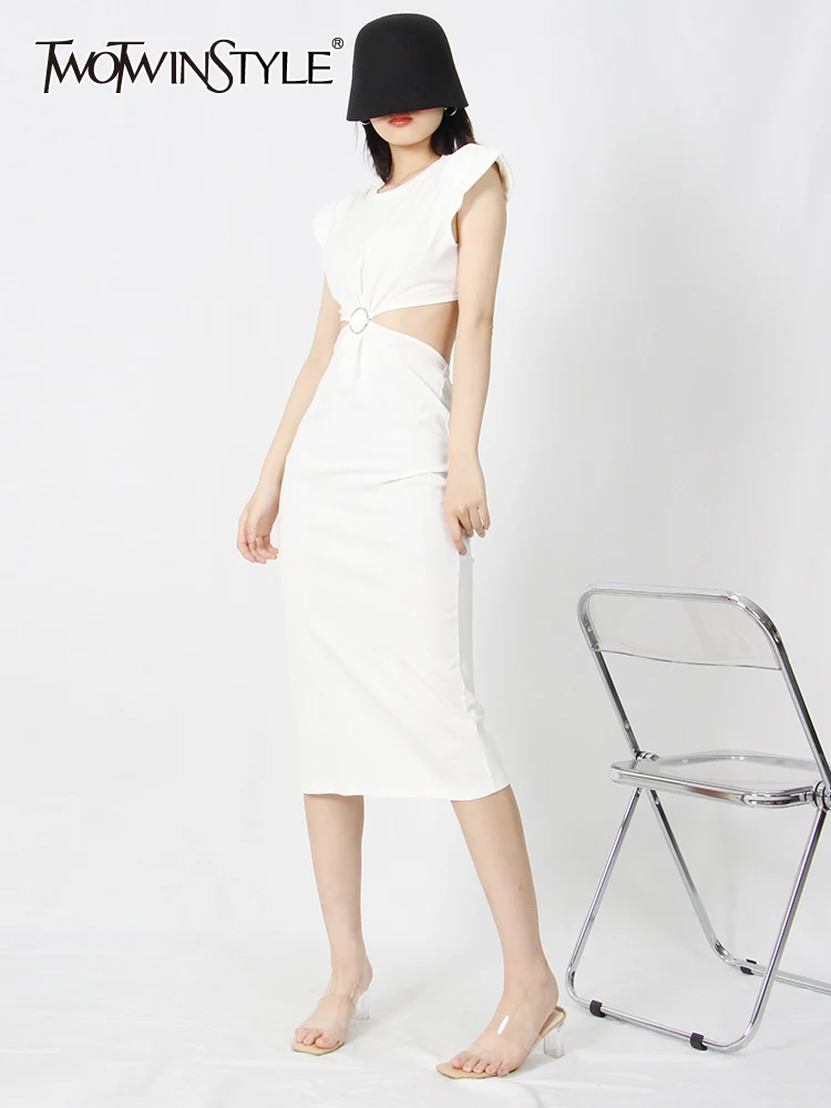 TWOTWINSTYLE Black Sexy Dress For Women Round Neck Sleeveless High Waist Solid Minimalist Cut Out Midi Dresses Female Summer New 
TWOTWINSTYLE Black Sexy Dress For Women Round Neck Sleeveless High Waist Solid Minimalist Cut Out Midi Dresses Female Summer New