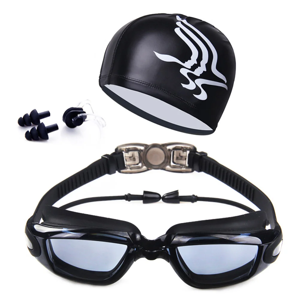 

Adult Swimming Glasses Kit Coated Lens Anti Fog Swim Goggles + Cap + Case + Nose Clip + Ear Plugs No Leaking 1 Set Men Women