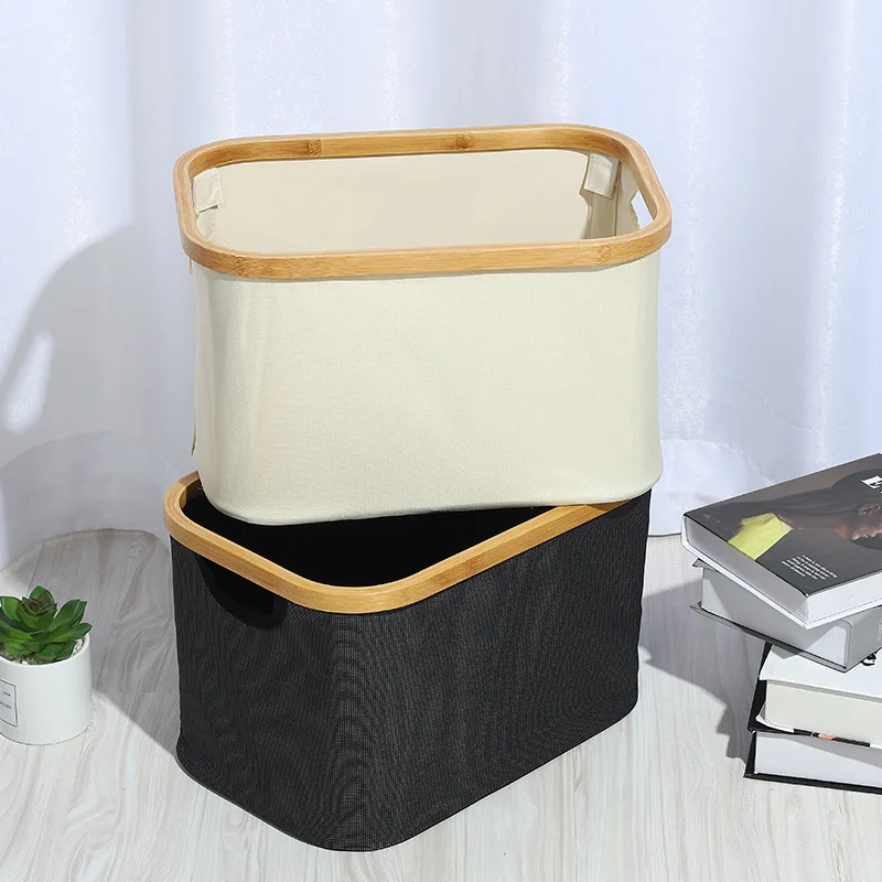 

1 PCS Foldable Laundry Basket with Bamboo Handles Clothes Towels Storage Blankets Toys Organizer for Bathroom Bedroom Black