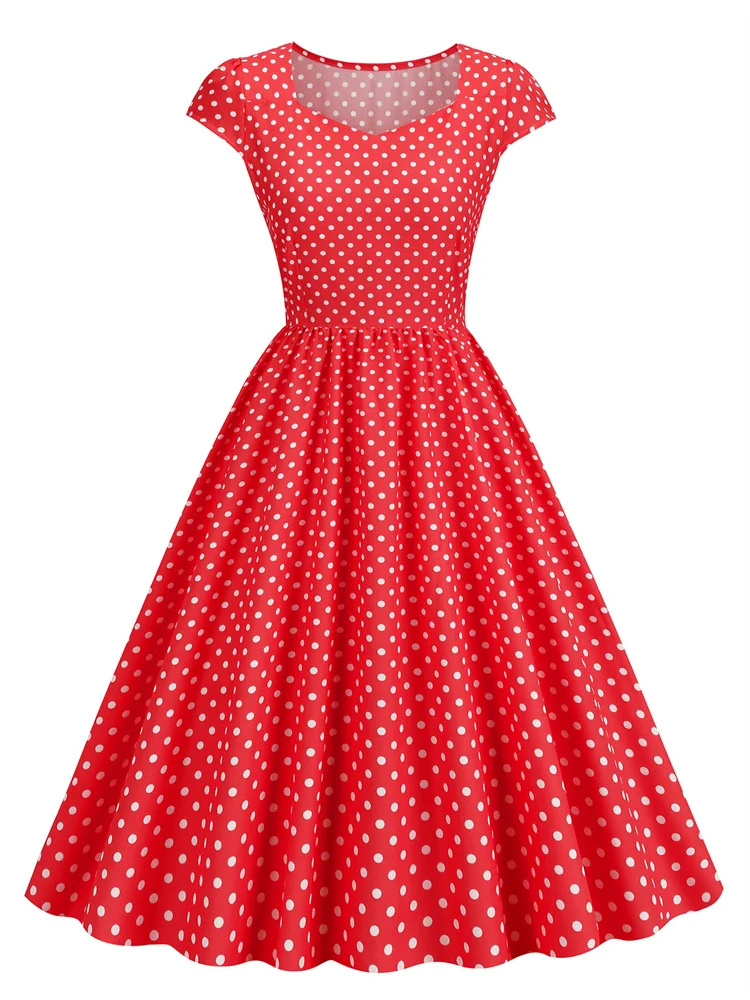 

Женское винтажное платье в горошек, розовое платье средней длины с квадратным вырезом и коротким рукавом, трапециевидного силуэта, лето 2023