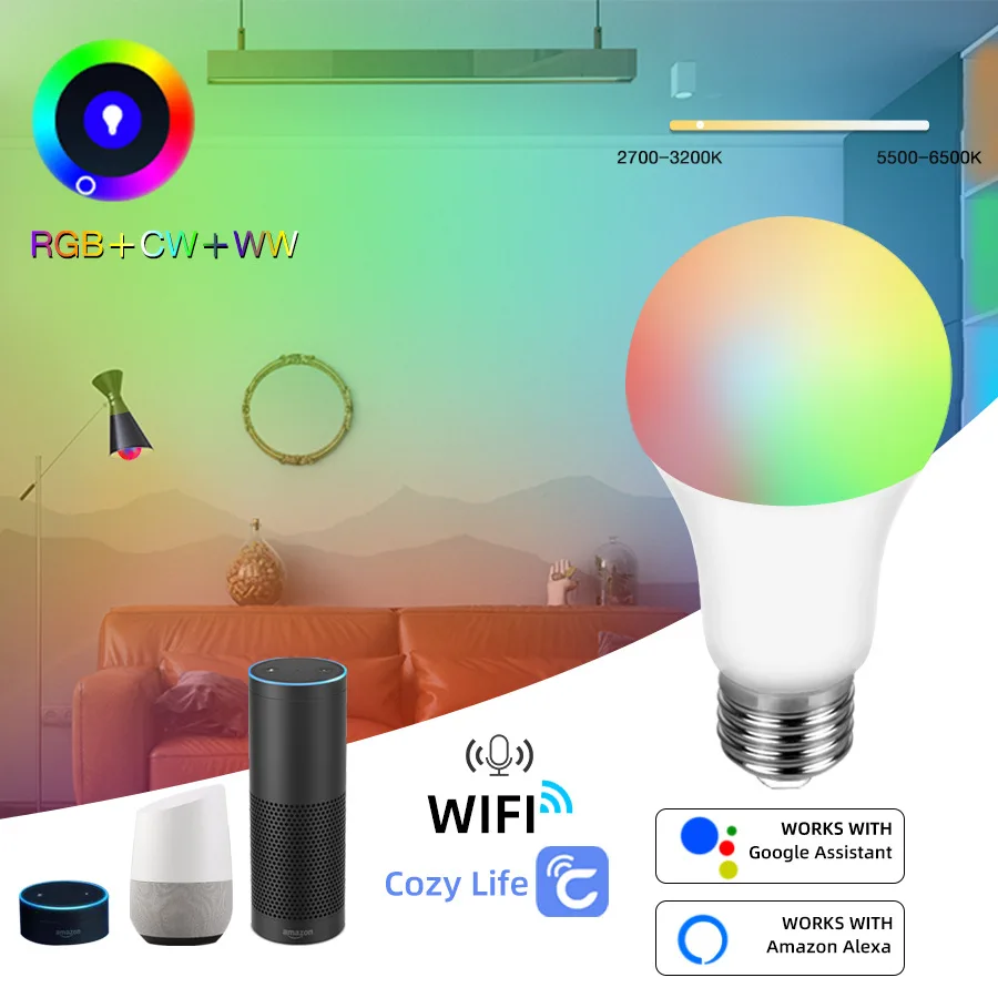 12/15/18W WiFi Smart RGB Light Bulb E27 LED Lamp Alexa Voice Control Dimmable APP Remote Dimmable Indoor Neon Changing Lighting
12/15/18W WiFi Smart RGB Light Bulb E27 LED Lamp Alexa Voice Control Dimmable APP Remote Dimmable Indoor Neon Changing Lighting