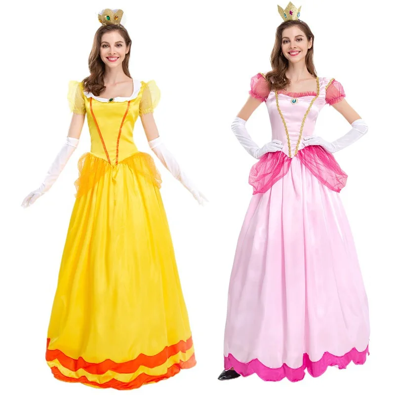 

Костюм принцессы супер брата для взрослых, персиковый костюм для косплея, желтые милые платья для женщин, для Хэллоуина, карнавала, искусственное платье