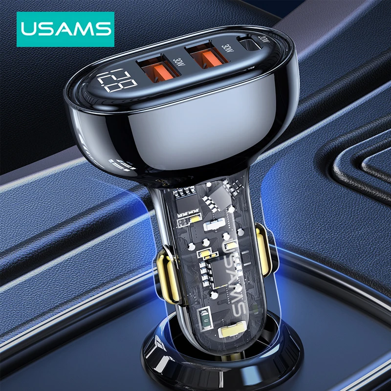 

USAMS 80W Car Charger QC PD Quick Charging Fast USB Type C Car Phone Charge For iPhone Huawei Xiaomi Transparent Digital Display