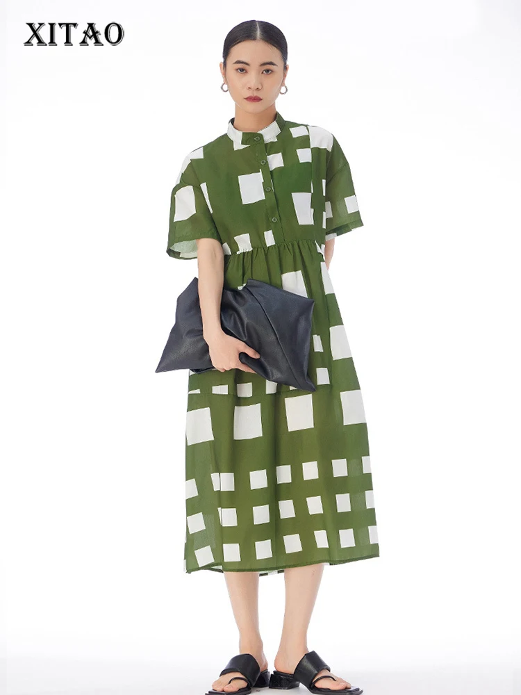 

XITAO/женское платье с геометрическим принтом в Корейском стиле; Новинка лета 2023 года; Модное свободное платье с воротником-стойкой и короткими рукавами; DMJ2172