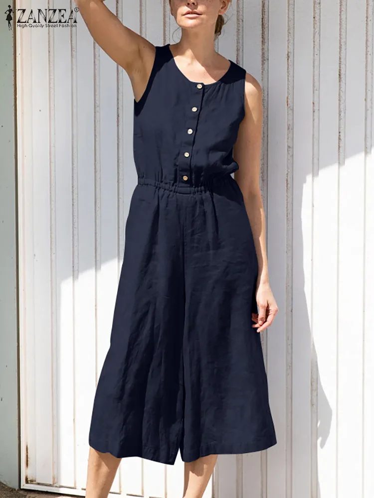 ZANZEA Women Loose Solid Jumpsuits Cotton Summer Sleeveless O Neck Romper Fashion Vintage Elastic Waist Button Overall Playsuits
ZANZEA Women Loose Solid Jumpsuits Cotton Summer Sleeveless O Neck Romper Fashion Vintage Elastic Waist Button Overall Playsuits