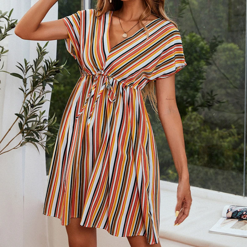 2022 Summer Fashion Women's Colorful Striped V Neck Dress Breathable Elastic Belt Dress Women Beach Casual Elegant Dress
2022 Summer Fashion Women's Colorful Striped V Neck Dress Breathable Elastic Belt Dress Women Beach Casual Elegant Dress