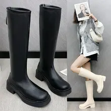 2023 Winter Fashion Women Thigh High Long Flat Boots Beige Low Heels Knee High Boots Soft Leather Square Toe Boots Party Shoes