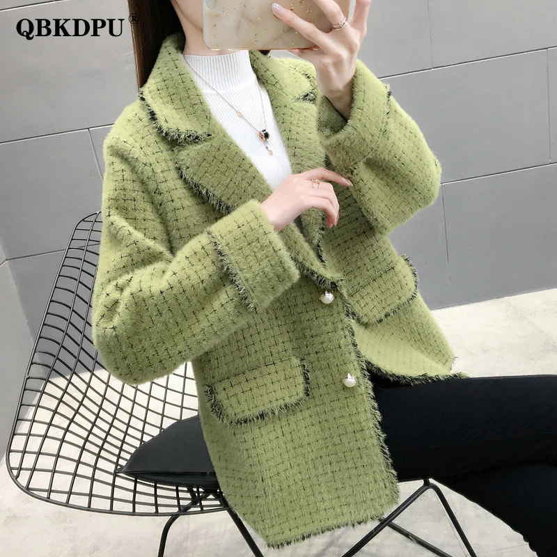 

Korean Small Plaid Notched Collar Sweater Coat Women Elegant Fringe Mink Cashmere Short Jacket Vintage Loose Button Cardigan Top