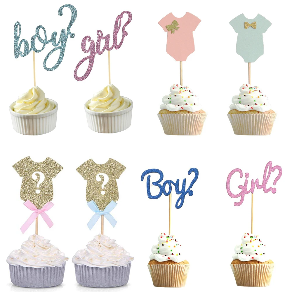 

Boy or Girl Cupcake Toppers Glitter Onesie Jumpsuit Cupcake Picks Baby Shower Kids Birthday Gender Reveal Party Cake Decorations