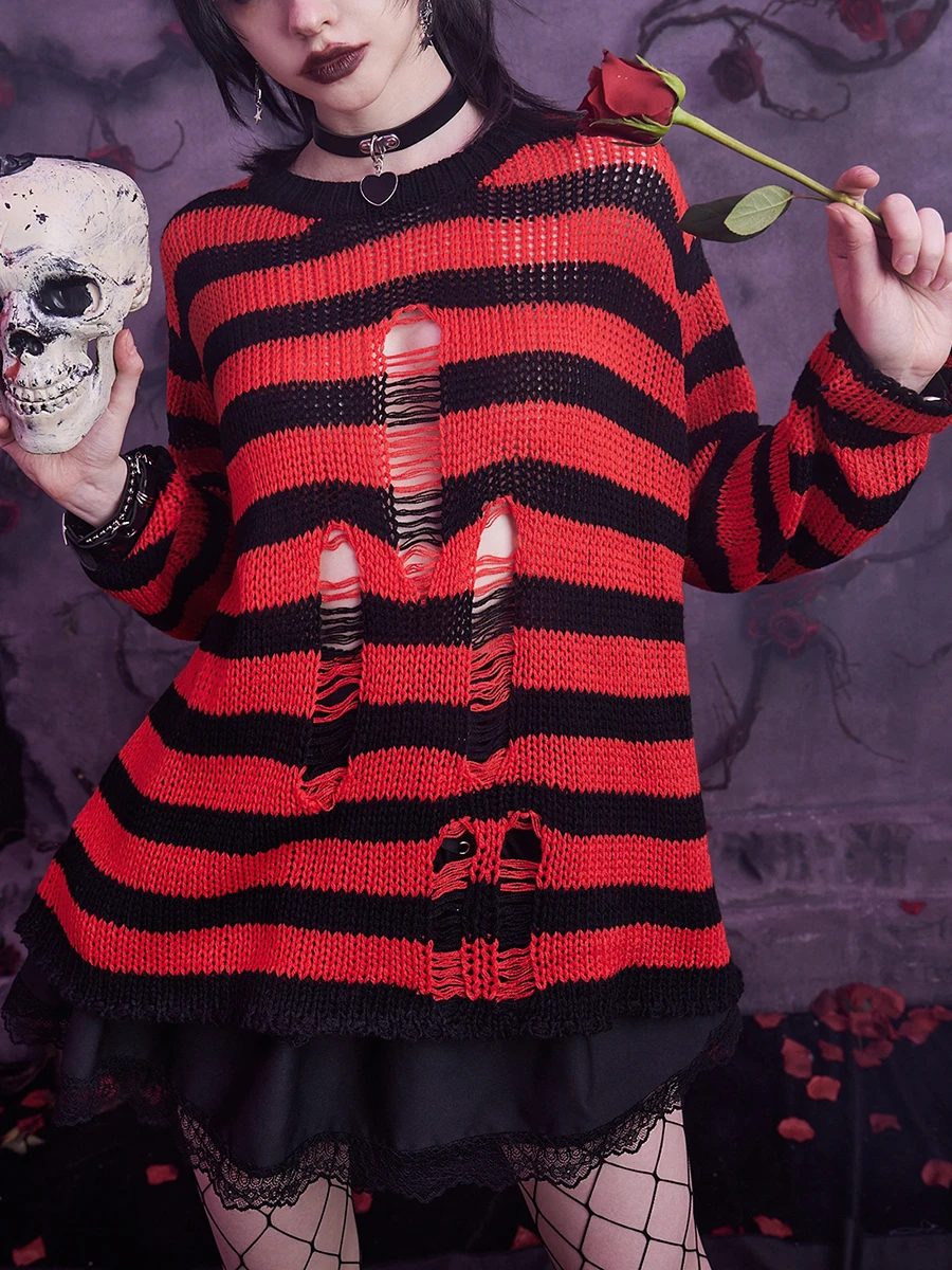 Goth Harajuku Ripped Sweater Striped Punk Style Lolita Pullover Y2K Grunge Hollow Out Knitted Jumpers 90s Fashion Alt Tops
Goth Harajuku Ripped Sweater Striped Punk Style Lolita Pullover Y2K Grunge Hollow Out Knitted Jumpers 90s Fashion Alt Tops