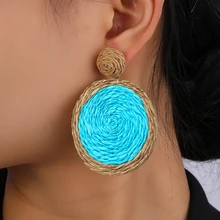 Bohemian Rattan Earrings Straw Wicker Braid Colorful Raffia Round Drop Dangle Earrings for Women Summer Beach Jewelry