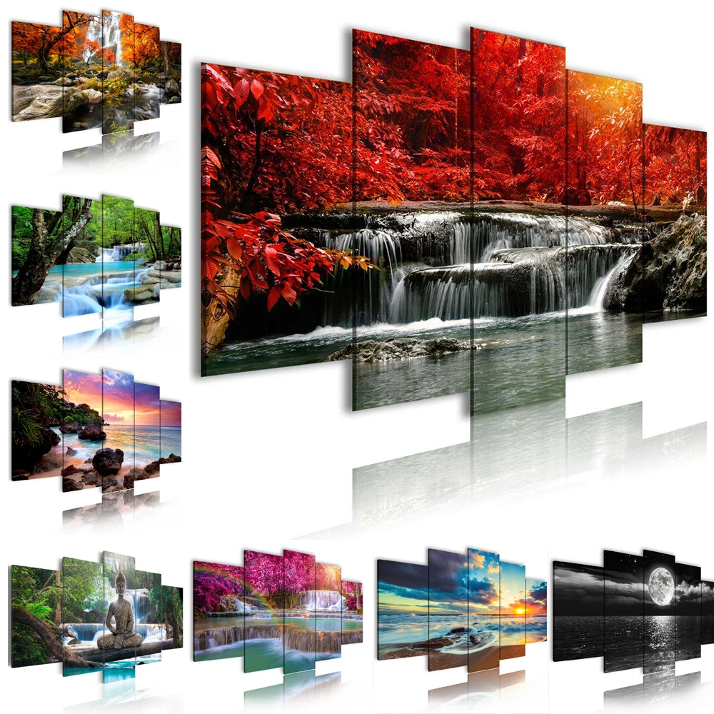 Waterfall Painting Scenery Canvas Panel Custom Decorative Home Decoration Landscape Living Room Picture Prints 5 Piece Wall Art 
Waterfall Painting Scenery Canvas Panel Custom Decorative Home Decoration Landscape Living Room Picture Prints 5 Piece Wall Art