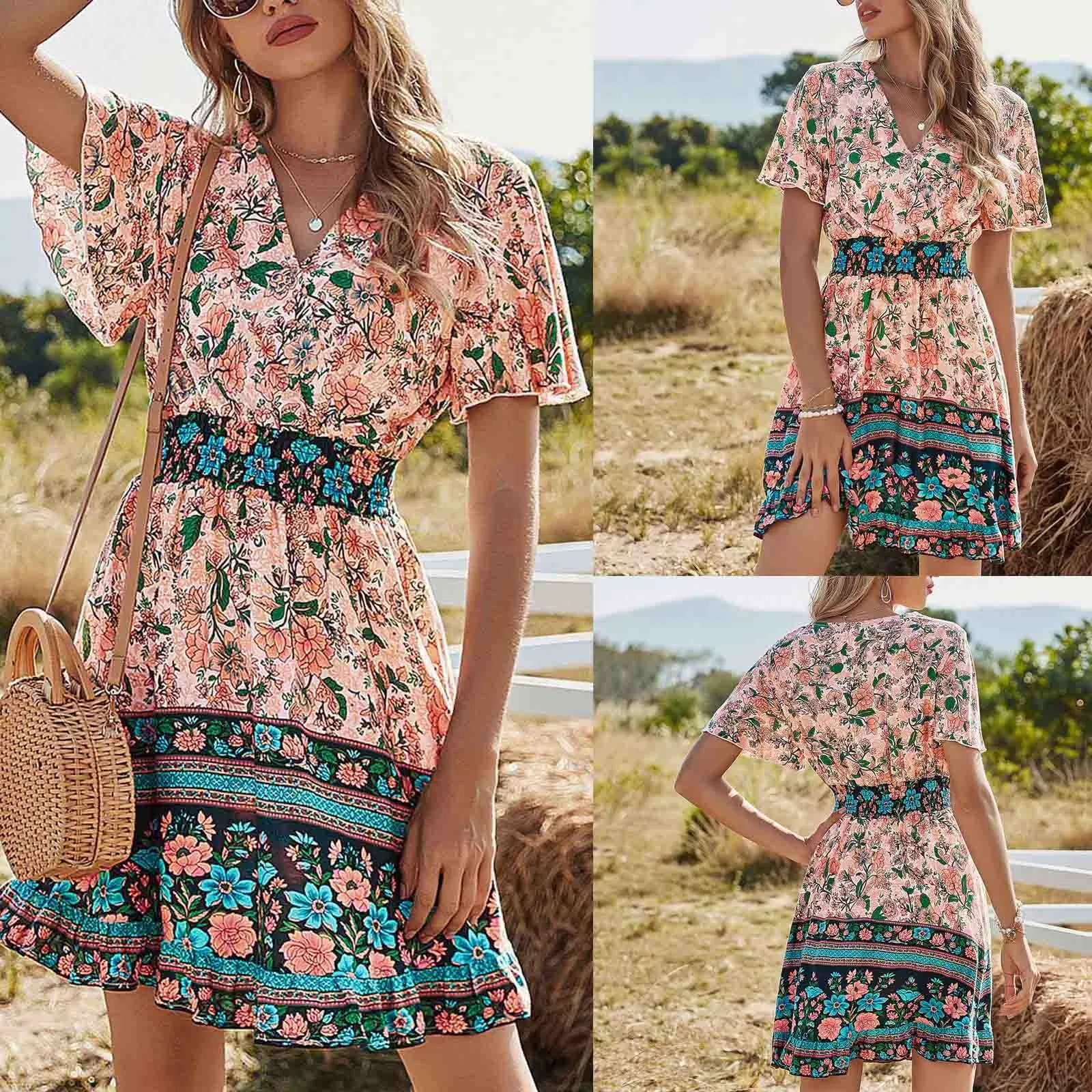 2023 Dress Women'S Spring Bohemia Floral Dress Women V Neck High Waist Short Sleeve Print Fashion Summer Dress
2023 Dress Women'S Spring Bohemia Floral Dress Women V Neck High Waist Short Sleeve Print Fashion Summer Dress
