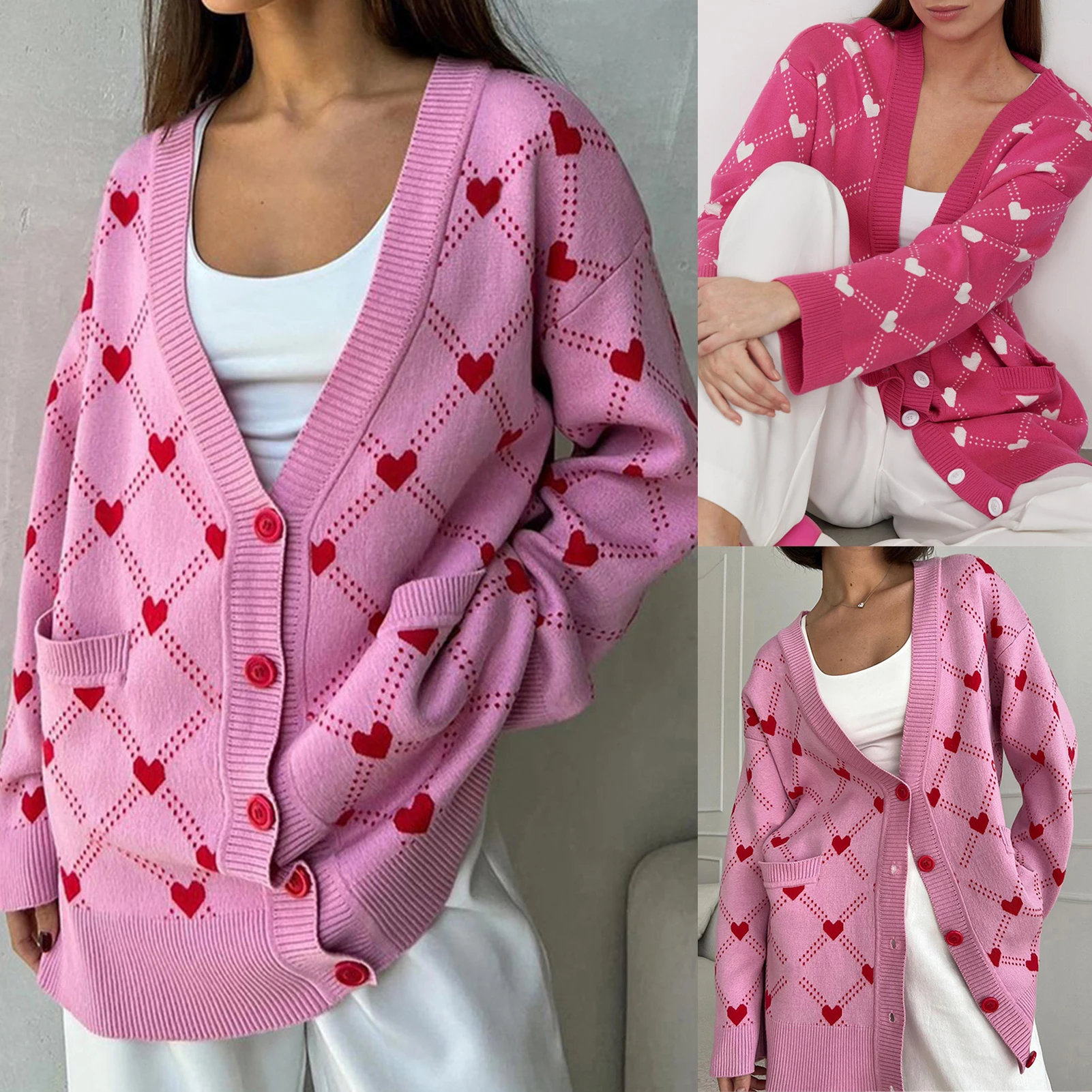 V Neck 2023 New Fashion Autumn Winter Casual Single Breasted Sweater Chic Loose Pockets Cardigan Heart Jacquard Long Sleeve Top 
V Neck 2023 New Fashion Autumn Winter Casual Single Breasted Sweater Chic Loose Pockets Cardigan Heart Jacquard Long Sleeve Top