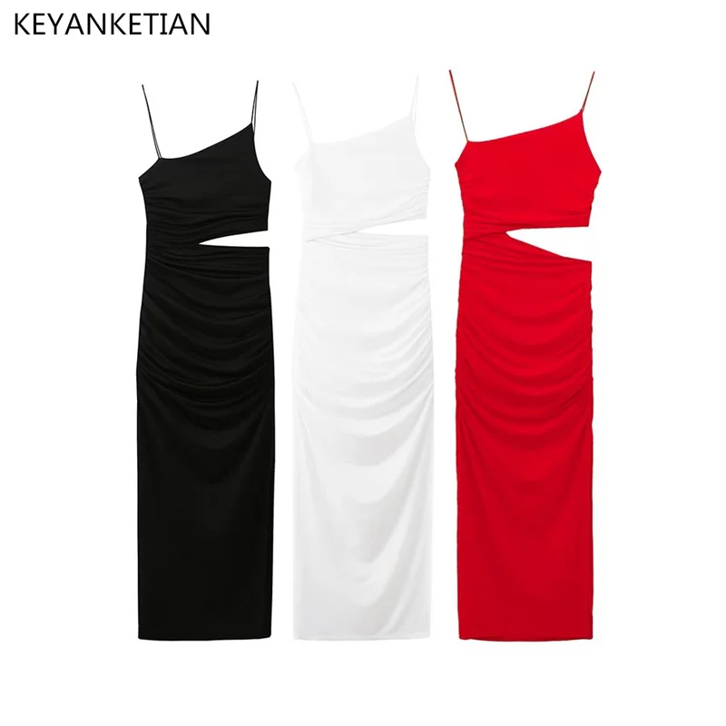 

KEYANKETIAN Summer New Asymmetrical Hollowed Out Waist Suspender Dress Women Slim Dress High Slit Bag Hip Ankle Skirt Tight