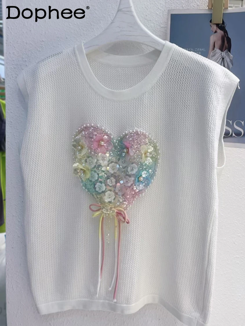 Heavy Embroidery Sequins Beaded Heart Crew Neck T-shirt Vest Women Sleeveless Loose Ice Silk Sweater Top 2022 New Summer Clothes
Heavy Embroidery Sequins Beaded Heart Crew Neck T-shirt Vest Women Sleeveless Loose Ice Silk Sweater Top 2022 New Summer Clothes