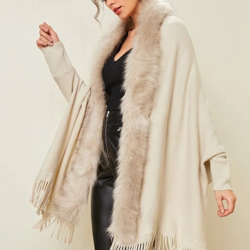 

2022 New Fur Collar Winter Shawls And Wraps Bohemian Fringe Oversized Womens Winter Ponchos And Capes Batwing Sleeve Cardigan