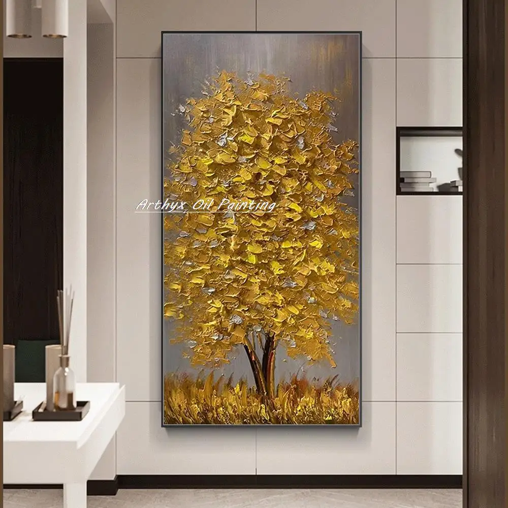 Arthyx Modern Abstract Pictures Hand Painted Palette Knife Gold Tree Oil Paintings On Canvas Wall Art For Living Room Home Decor |