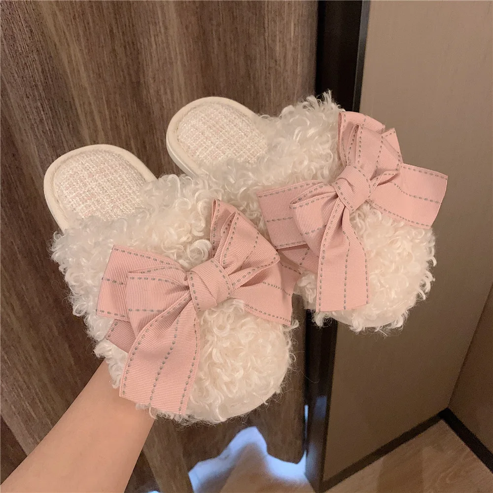 Cute Girly Slippers Fashion Style Bow Fur Slippers Indoor Warm Autumn and Winter Flat Shoes Women Warm Cotton House Slippers
Cute Girly Slippers Fashion Style Bow Fur Slippers Indoor Warm Autumn and Winter Flat Shoes Women Warm Cotton House Slippers