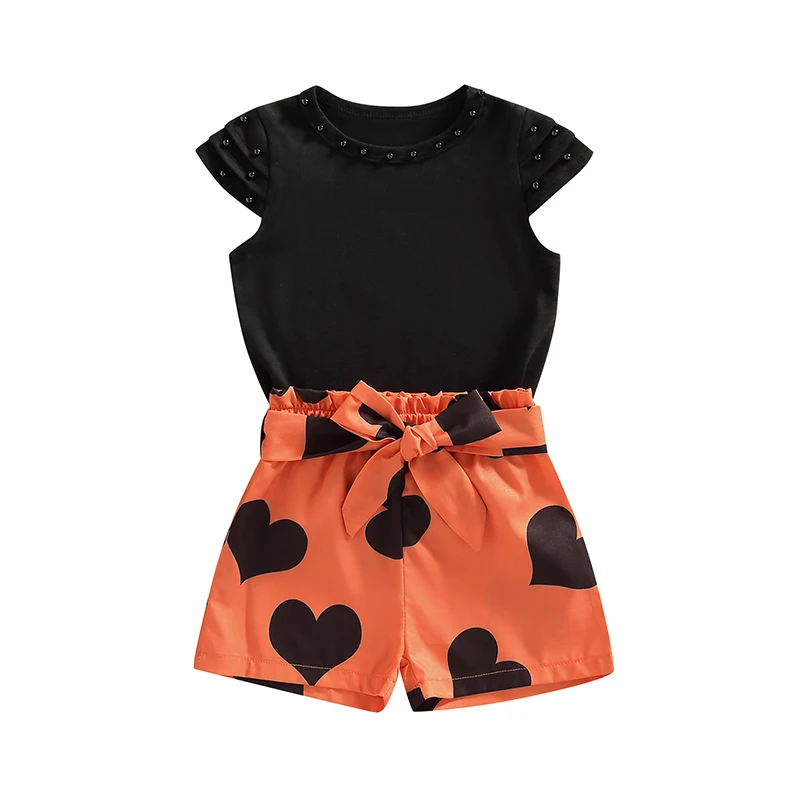 Kids Girls Outfits Casual Round Neck Cap Sleeve Beads Decorated Tops and Heart Printing Belted Shorts Suit Summer Clothing
Kids Girls Outfits Casual Round Neck Cap Sleeve Beads Decorated Tops and Heart Printing Belted Shorts Suit Summer Clothing