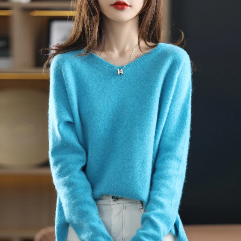 

V-Neck Woollen Sweater Women's 100 Pure Wool Solid Color Long Sleeve Autumn Winter New Knitting Loose Fashion Bottomed Cashmere