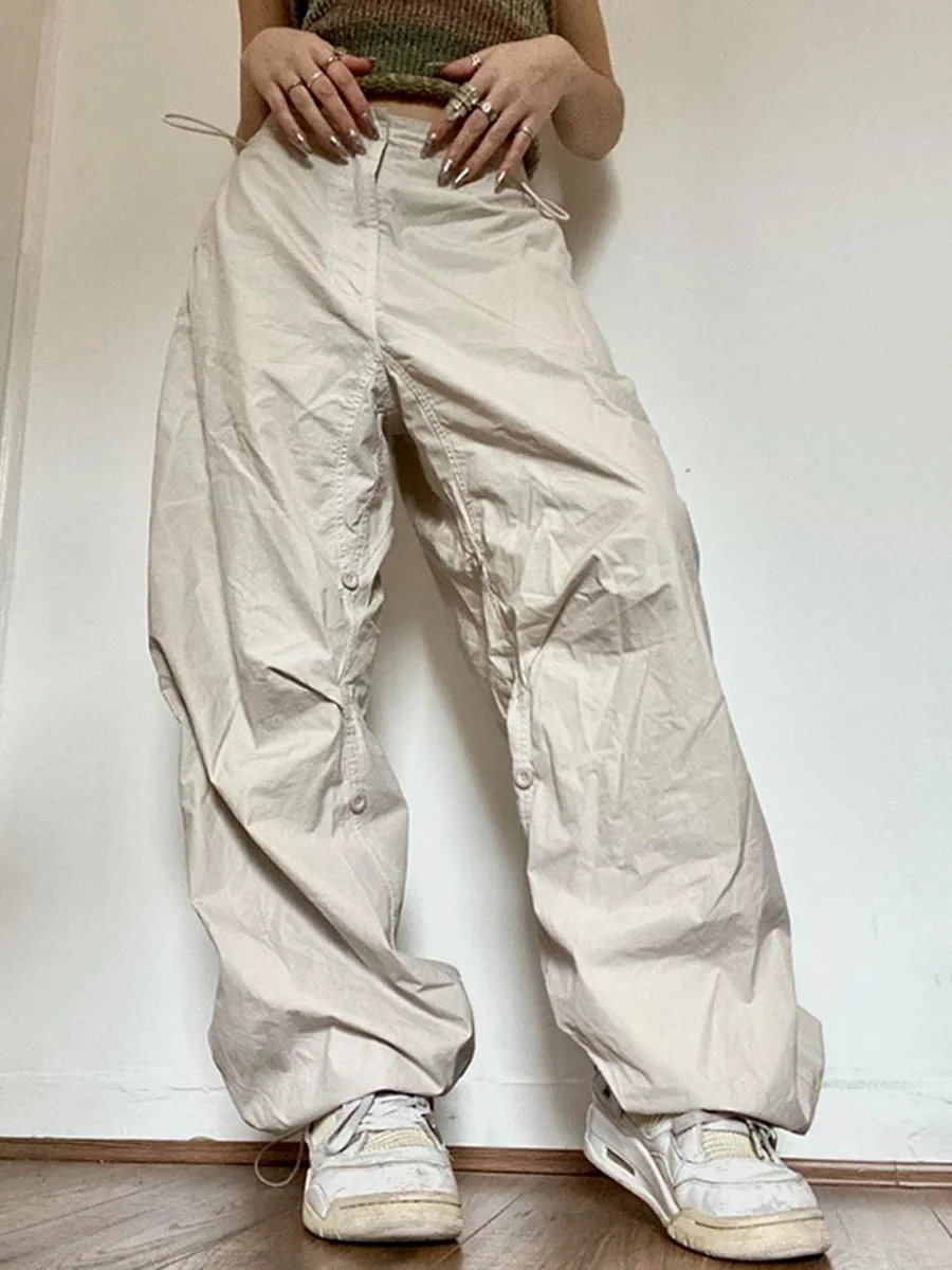 

Women'S Fashion Casual Wide Leg Overalls Low Waist Drawcord Loose Pants Street Wear Vintage Hippie Solid Color Jogging Pants
