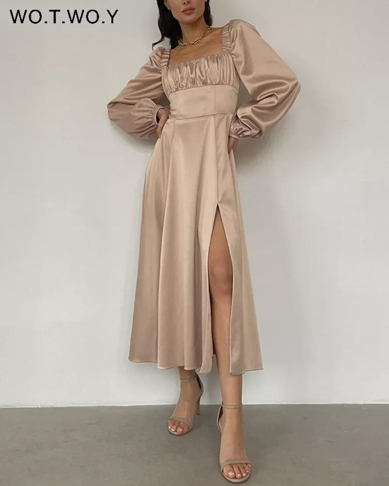WOTWOY Elegant High Waisted Split Satin Dresses Women Silk Square Collar Mid-Calf Dress Female A-line Party Vestidos 2022
WOTWOY Elegant High Waisted Split Satin Dresses Women Silk Square Collar Mid-Calf Dress Female A-line Party Vestidos 2022