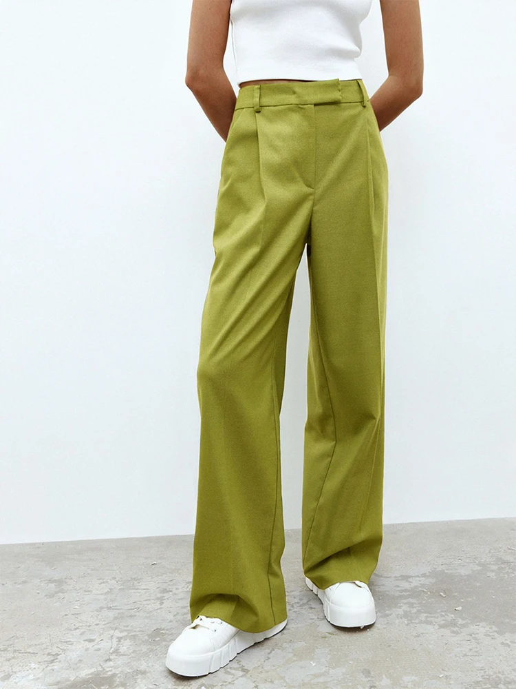KBAT Green High Waist Pants For Womens Street Style Pleated Wide Legs Trousers Summer Button Female Classic Long Pants
KBAT Green High Waist Pants For Womens Street Style Pleated Wide Legs Trousers Summer Button Female Classic Long Pants