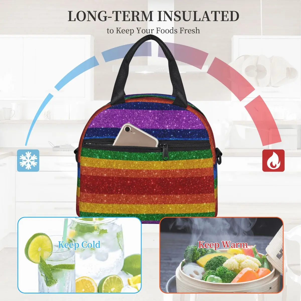 Bling Me Up Rainbow Lunch Bag with Handle Striped Pop Art Glitter Cooling Cooler Bag Refrigerator Fancy Pearl Cotton Thermal Bag
Bling Me Up Rainbow Lunch Bag with Handle Striped Pop Art Glitter Cooling Cooler Bag Refrigerator Fancy Pearl Cotton Thermal Bag