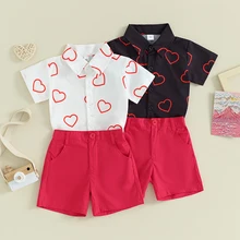 6M-4Y Toddler Baby Boy Valentine’s Day Outfits Short Sleeve Heart Print Shirt   Shorts 2pcs Set Infant Clothes Gentleman Suit