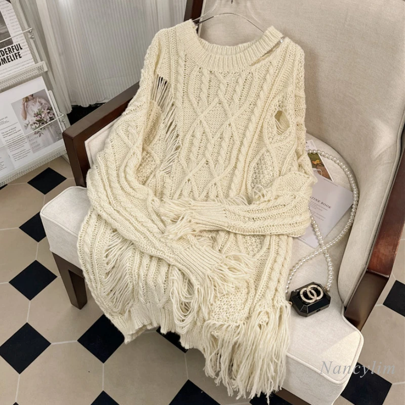 Ripped Holes Off-Shoulder Sweater Women's Loose Knitted Top Autumn Outer Wear Tassel Sweater Large Size Pullovers
Ripped Holes Off-Shoulder Sweater Women's Loose Knitted Top Autumn Outer Wear Tassel Sweater Large Size Pullovers
