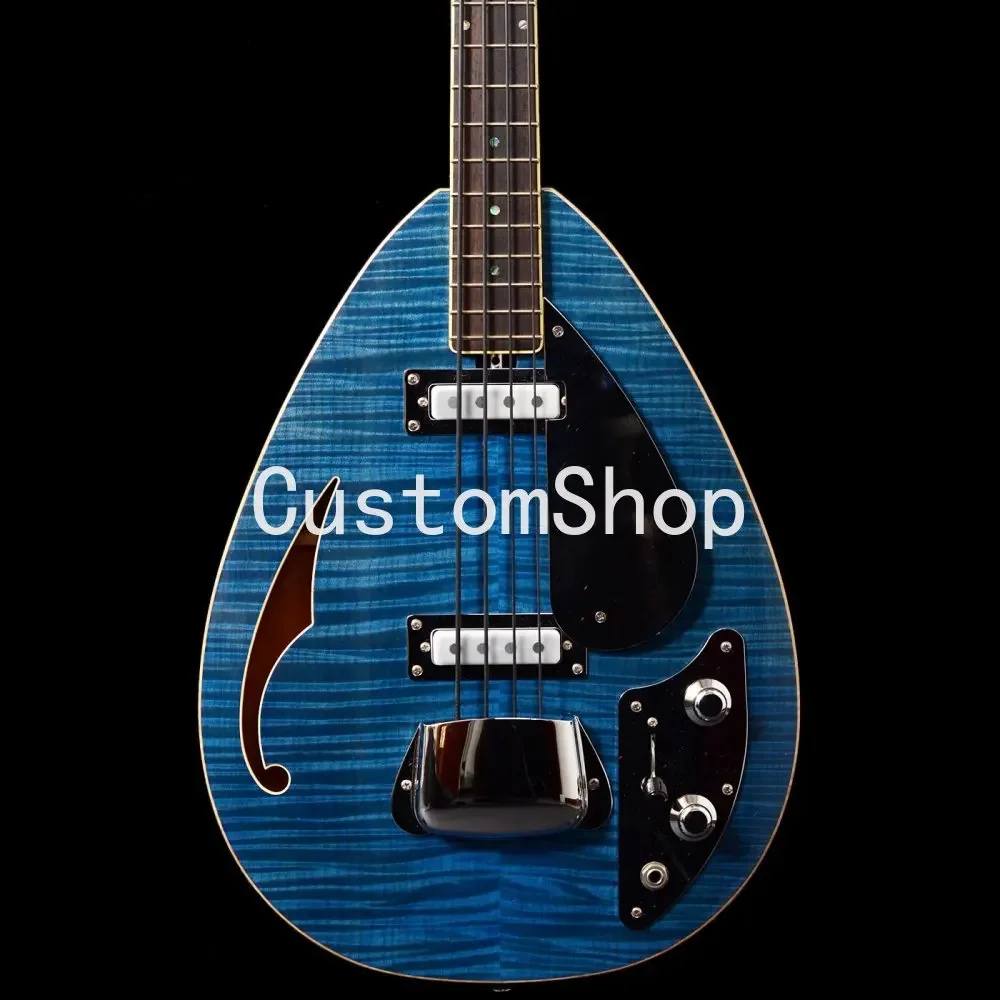 

Rare 4 Strings Trans Blue Flame Maple Top Tear Drop Vox Plantom Electric Bass Guitar Semi Hollow Body, Single F hole,