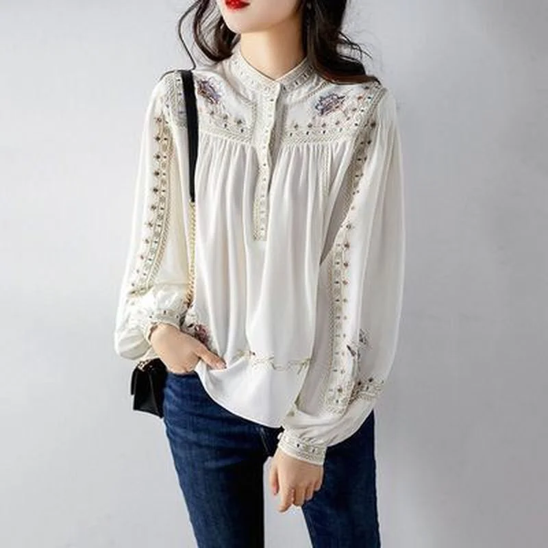 2023 Korean Chic Luxury Spring Women Gorgeous Blouse Vintage Elegant Lady Shirt Stand Collar Floral Embroidery Chiffon Blusas
2023 Korean Chic Luxury Spring Women Gorgeous Blouse Vintage Elegant Lady Shirt Stand Collar Floral Embroidery Chiffon Blusas