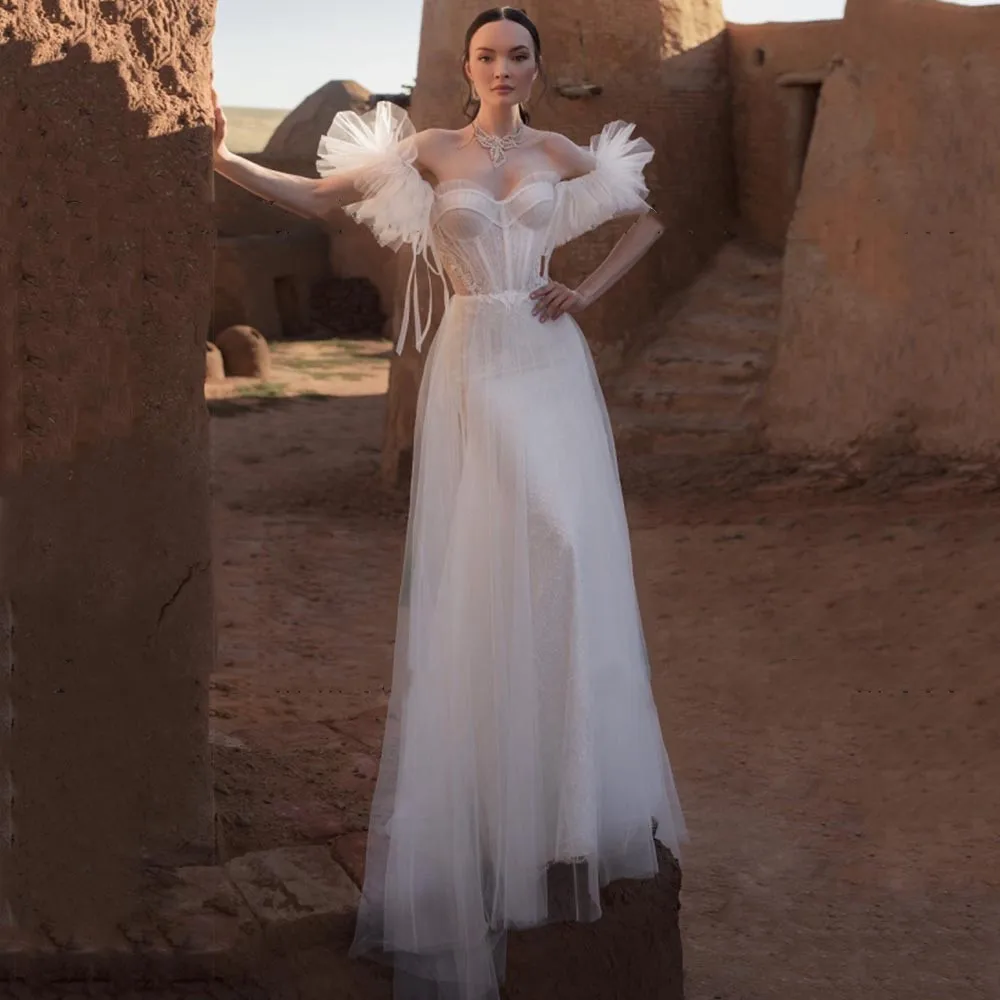 Beach Tulle A Line Wedding Dress Strapless With Short Sleeves Floor Length Glitter Bridal Gowns 2023 Custom Made Robe De Mariée
Beach Tulle A Line Wedding Dress Strapless With Short Sleeves Floor Length Glitter Bridal Gowns 2023 Custom Made Robe De Mariée