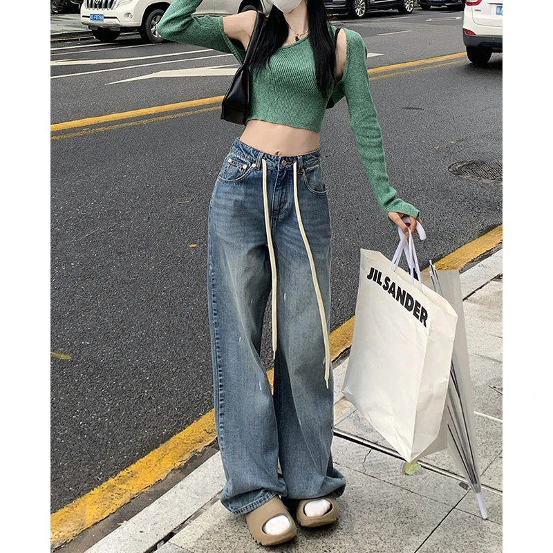 Women Bottoms Blue Washed Casual Wide Leg Jeans High Waist Drawstring Straight Pants Vintage Baggy Denim Trouser Ladies Summer
Women Bottoms Blue Washed Casual Wide Leg Jeans High Waist Drawstring Straight Pants Vintage Baggy Denim Trouser Ladies Summer