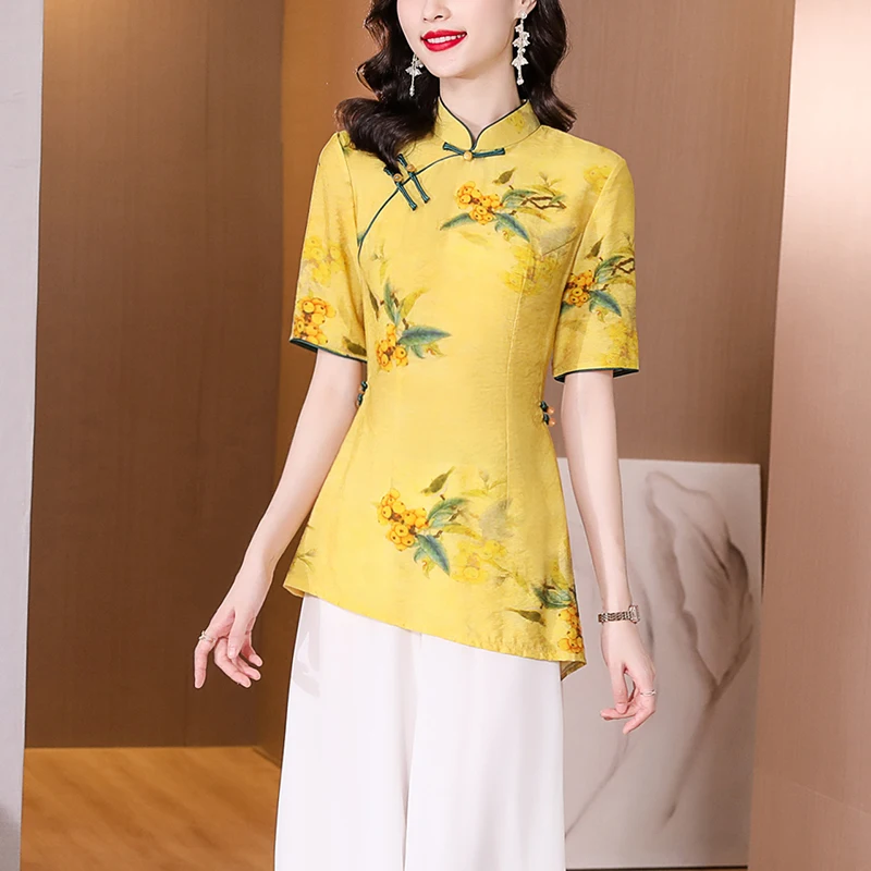

2023 chinese tang suit improved cheongsam blouse retro chinese style sexy and elegant short sleeve flower printed women top g764