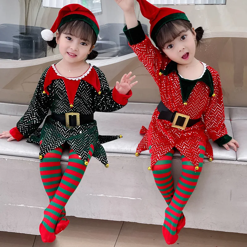 

Рождественский костюм эльф для девочек зеленое красное платье с пайетками Рождественская тематическая фотография детская одежда