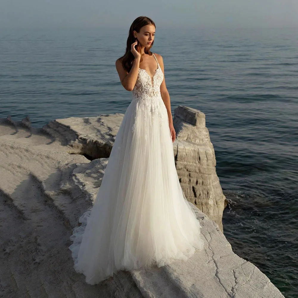 

DREAM Spaghetti Straps Boho Wedding Dress For Bride 2023 V Neck A-Line Tulle Beach Bridal Gown Lace Appliqué Robe De Mariée