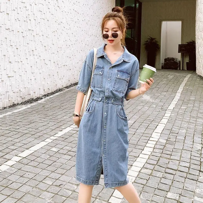 Vintage Denim Dresses for Women 2022 Summer Turndown Collar Patchwork Short Sleeve Midi Shirt Dress Vestidos De Femme E54 
Vintage Denim Dresses for Women 2022 Summer Turndown Collar Patchwork Short Sleeve Midi Shirt Dress Vestidos De Femme E54